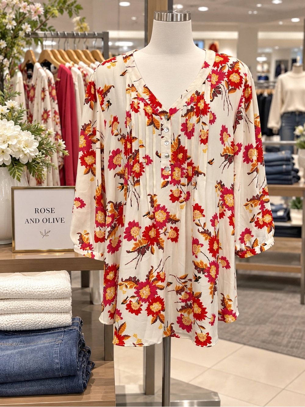 Rose & Olive Cream Tunic with Red and Orange Floral Print